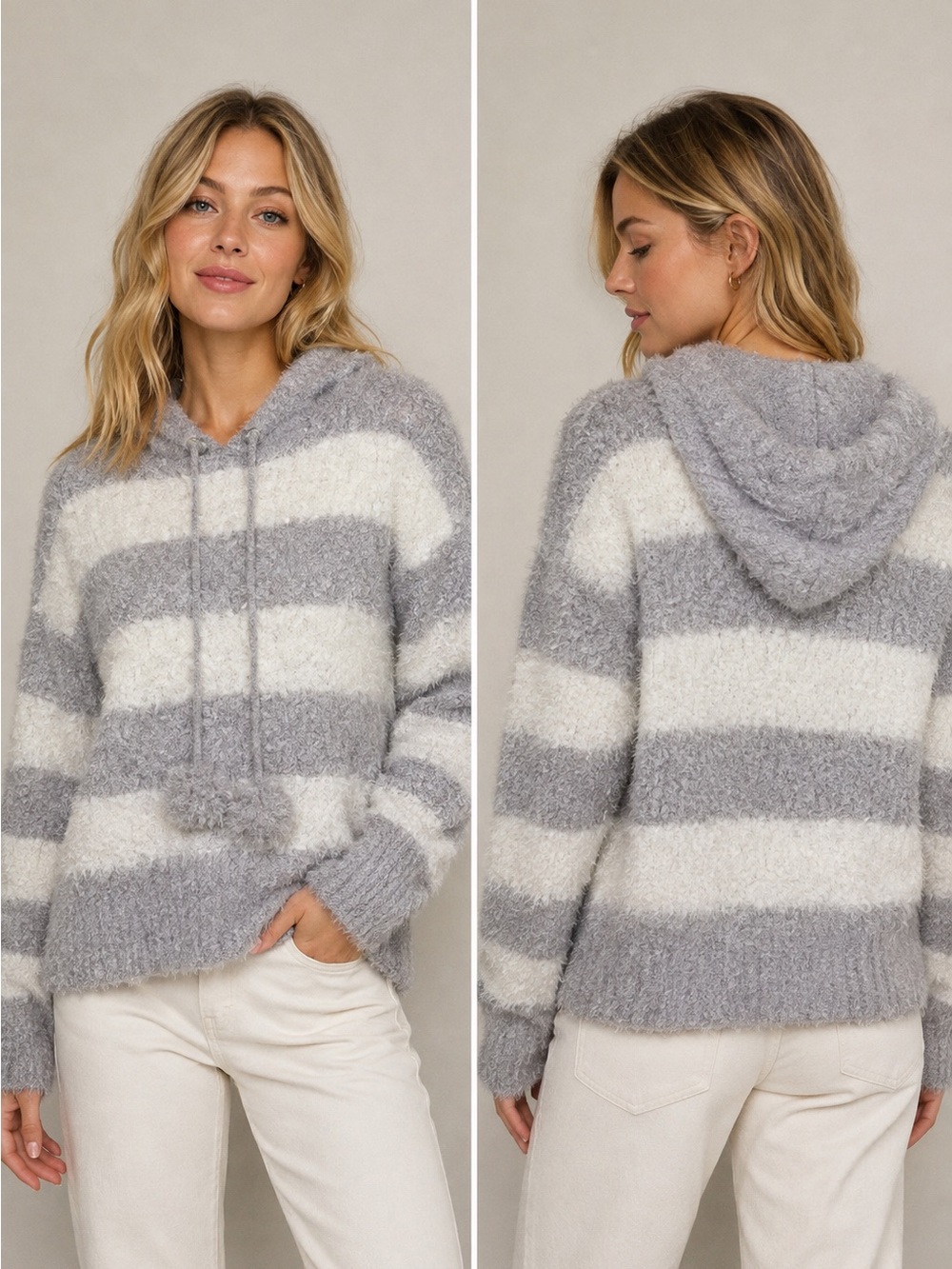 Francescas Sweater M Harper Heritage Emry Hooded Popcorn Gray White Striped Cozy
